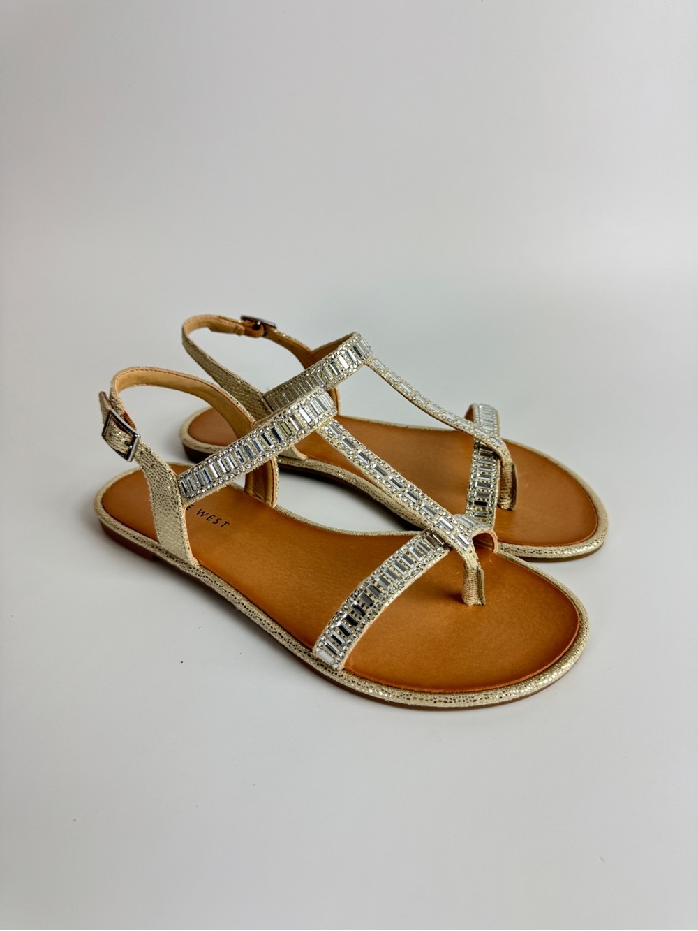 Nine West Gold T-Strap Embellished Flat Sandals